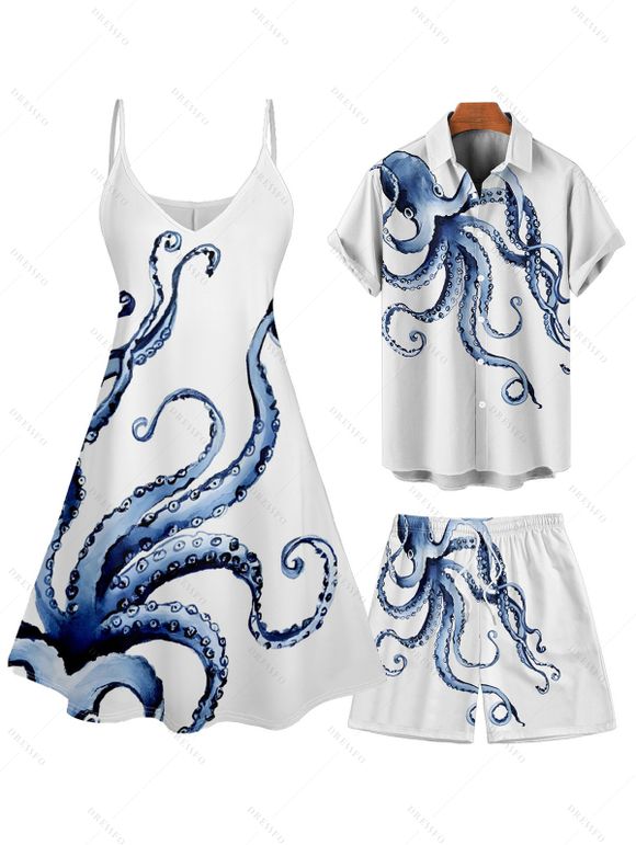 Vacation Couple Outfit Octopus Print V Neck Spaghetti Strap Dress A Line Dress and Button Up Shirt Drawstrings Shorts Beach Matching Outfit - Blanc S | US 4