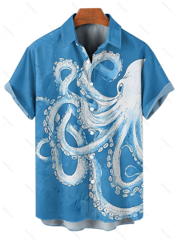 Chemise de vacances à manches courtes et boutons pour homme, motif pieuvre, vie marine - Bleu Ciel M
