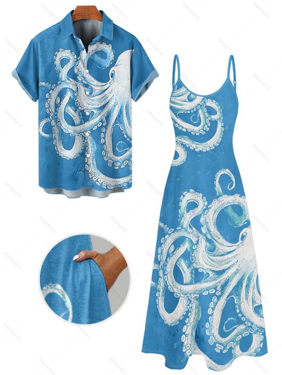 Vacation Couple Outfit Octopus Marine Life Pattern Pocket Spaghetti Strap Long Tank Dress and Button Up Shirt Beach Matching Outfit - Bleu Ciel S | US 4
