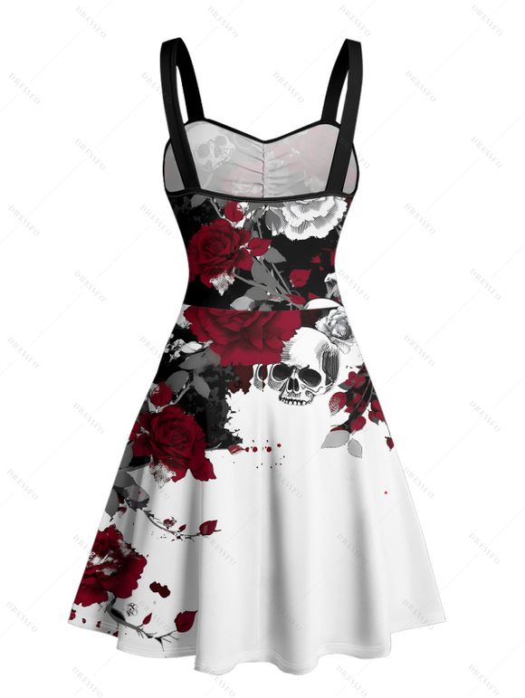 Robe gothique à motif de feuilles et buste froncé, col en cœur, mini robe de vacances trapèze - multicolor A L | US 8-10