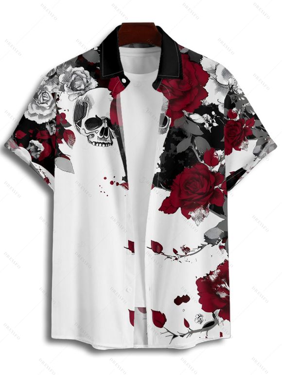 Chemise gothique à manches courtes et boutons pour homme, motif tête de mort, feuilles et roses - multicolor A 5XL