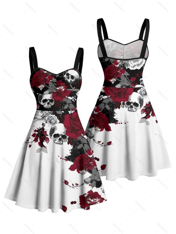 Gothic Couple Outfit Leaf Pattern Ruched Bust Sweetheart Neck A Line Mini Dress and Button Up Shirt Holiday Matching Outfit - multicolor A S | US 4