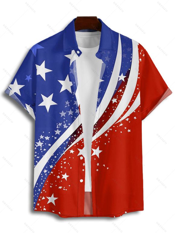 Chemise patriotique à manches courtes et boutons pour homme, motif étoiles et rayures, motif drapeau américain, jour de l'indépendance - multicolor A L