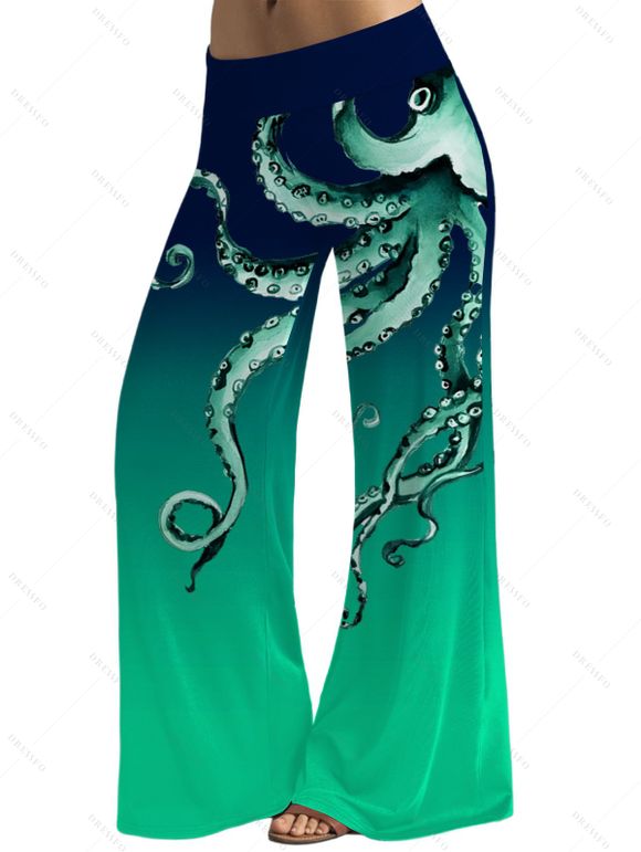 Vacation Couple Outfit Octopus Print Butterfly Lace Long Tank Top Colorblock Wide Leg Pants and Roll Up Sleeve Shirt Matching Outfit - Vert profond S | US 4