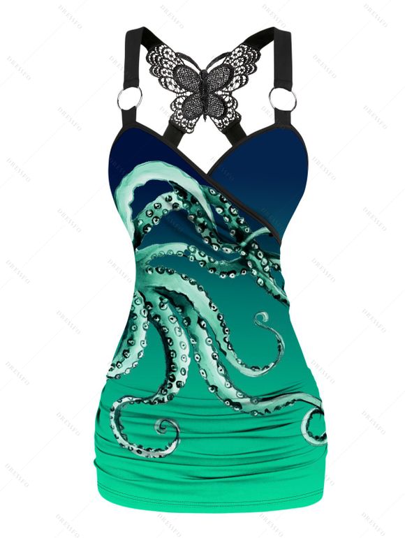 Vacation Couple Outfit Octopus Print Butterfly Lace Long Tank Top Colorblock Wide Leg Pants and Roll Up Sleeve Shirt Matching Outfit - Vert profond S | US 4