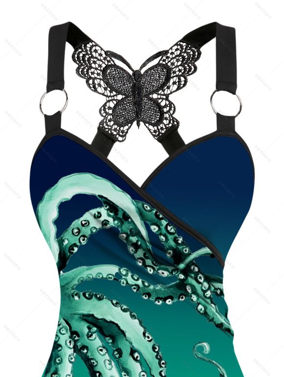 Vacation Couple Outfit Octopus Print Butterfly Lace Long Tank Top Colorblock Wide Leg Pants and Roll Up Sleeve Shirt Matching Outfit - Vert profond S | US 4