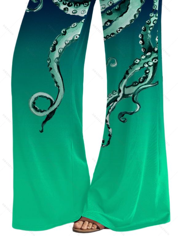 Vacation Couple Outfit Octopus Print Butterfly Lace Long Tank Top Colorblock Wide Leg Pants and Roll Up Sleeve Shirt Matching Outfit - Vert profond S | US 4