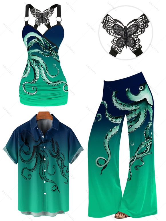 Vacation Couple Outfit Octopus Print Butterfly Lace Long Tank Top Colorblock Wide Leg Pants and Roll Up Sleeve Shirt Matching Outfit - Vert profond S | US 4