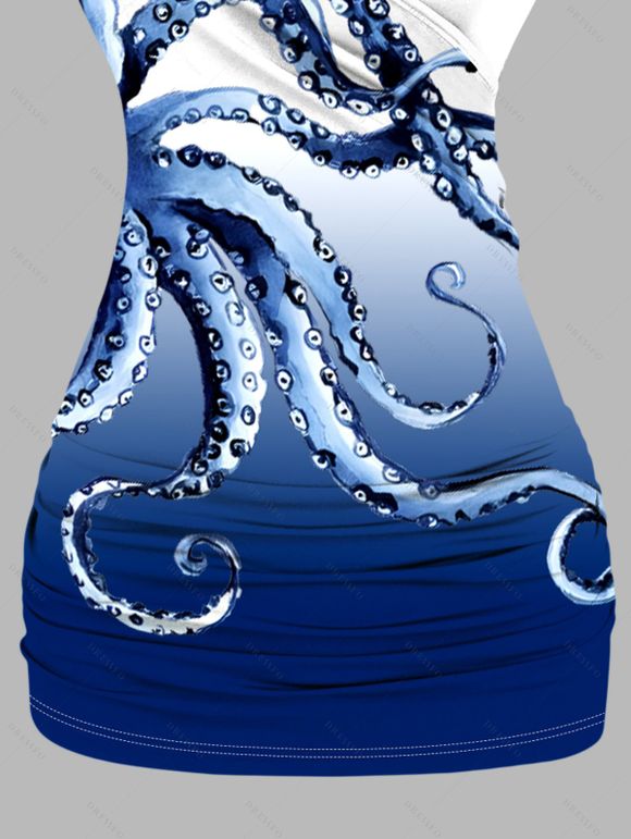 Vacation Couple Outfit Octopus Print Butterfly Lace Long Tank Top Colorblock Wide Leg Pants and Roll Up Sleeve Shirt Matching Outfit - Bleu profond S | US 4