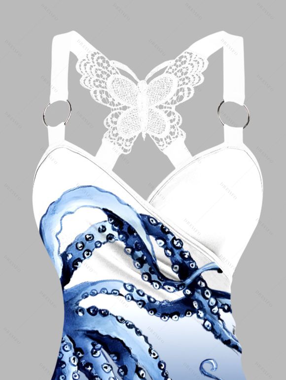 Vacation Couple Outfit Octopus Print Butterfly Lace Long Tank Top Colorblock Wide Leg Pants and Roll Up Sleeve Shirt Matching Outfit - Bleu profond S | US 4