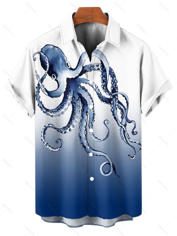 Vacation Couple Outfit Octopus Print Butterfly Lace Long Tank Top Colorblock Wide Leg Pants and Roll Up Sleeve Shirt Matching Outfit - Bleu profond S | US 4