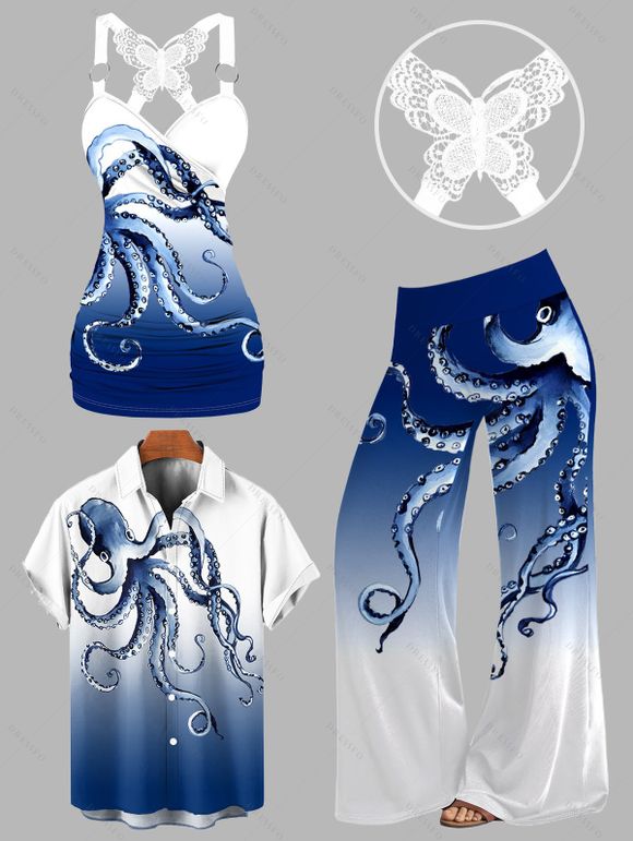 Vacation Couple Outfit Octopus Print Butterfly Lace Long Tank Top Colorblock Wide Leg Pants and Roll Up Sleeve Shirt Matching Outfit - Bleu profond S | US 4