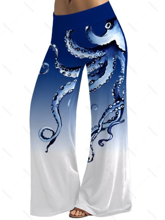 Vacation Couple Outfit Octopus Print Butterfly Lace Long Tank Top Colorblock Wide Leg Pants and Roll Up Sleeve Shirt Matching Outfit - Bleu profond S | US 4