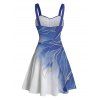 Ombre Glitter Leaf Pattern Ruched Bust Belt Vacation Dress Sweetheart Neck A Line Mini Casual Dress - BLUE GRAY L | US 8-10