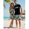 Vacation Style Palm Tree Printed Strapless Dress with Mens Short Sleeve Shirt and Mens Beach Pants Three Piece Set