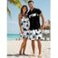 Vacation Style Palm Tree Printed Strapless Dress with Mens Short Sleeve Shirt and Mens Beach Pants Three Piece Set - Rose clair S | US 4