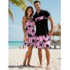 Vacation Style Palm Tree Printed Strapless Dress with Mens Short Sleeve Shirt and Mens Beach Pants Three Piece Set