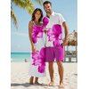 Vacation Couple Outfit Tropical Floral Pattern Spaghetti Strap Pocket A Line Long Dress and Roll Up Sleeve Solid Color Drawstrings Shorts Matching Outfit