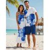 Vacation Couple Outfit Tropical Floral Pattern Spaghetti Strap Pocket A Line Long Dress and Roll Up Sleeve Solid Color Drawstrings Shorts Matching Outfit