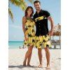 Vacation Style Palm Tree Printed Strapless Dress with Mens Short Sleeve Shirt and Mens Beach Pants Three Piece Set