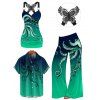 Vacation Couple Outfit Octopus Print Butterfly Lace Long Tank Top Colorblock Wide Leg Pants and Roll Up Sleeve Shirt Matching Outfit - Vert profond S | US 4