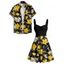 Vacation Couple Outfit Daffodil Leaf Pattern Ruched Bust Sweetheart Neck A Line Mini Dress and Button Up Shirt Casual Matching Outfit - Noir S | US 4