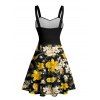 Vacation Couple Outfit Daffodil Leaf Pattern Ruched Bust Sweetheart Neck A Line Mini Dress and Button Up Shirt Casual Matching Outfit - Noir S | US 4