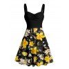 Vacation Couple Outfit Daffodil Leaf Pattern Ruched Bust Sweetheart Neck A Line Mini Dress and Button Up Shirt Casual Matching Outfit - Noir S | US 4