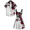 Gothic Couple Outfit Leaf Pattern Ruched Bust Sweetheart Neck A Line Mini Dress and Button Up Shirt Holiday Matching Outfit - multicolor A S | US 4