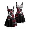 Gothic Couple Outfit Leaf Pattern Ruched Bust Sweetheart Neck A Line Mini Dress and Button Up Shirt Holiday Matching Outfit - Noir S | US 4