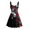 Gothic Couple Outfit Leaf Pattern Ruched Bust Sweetheart Neck A Line Mini Dress and Button Up Shirt Holiday Matching Outfit - Noir S | US 4