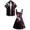 Gothic Couple Outfit Leaf Pattern Ruched Bust Sweetheart Neck A Line Mini Dress and Button Up Shirt Holiday Matching Outfit - Noir S | US 4