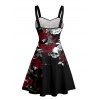 Gothic Couple Outfit Leaf Pattern Ruched Bust Sweetheart Neck A Line Mini Dress and Button Up Shirt Holiday Matching Outfit - Noir S | US 4