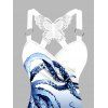Vacation Couple Outfit Octopus Print Butterfly Lace Long Tank Top Colorblock Wide Leg Pants and Roll Up Sleeve Shirt Matching Outfit - Bleu profond S | US 4