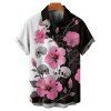 Chemise gothique à manches courtes et boutons pour homme, motif tête de mort et hibiscus, couleur contrastée, style vacances - Noir 5XL