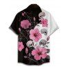Chemise gothique à manches courtes et boutons pour homme, motif tête de mort et hibiscus, couleur contrastée, style vacances - Noir 5XL