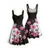 Gothic Couple Outfit Hibiscus Flower Skulls Pattern Contrast Color Ruched Bust Sweetheart Neck A Line Mini Dress and Button Up Shirt Holiday Matching Outfit - Noir S | US 4