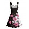 Gothic Couple Outfit Hibiscus Flower Skulls Pattern Contrast Color Ruched Bust Sweetheart Neck A Line Mini Dress and Button Up Shirt Holiday Matching Outfit - Noir S | US 4