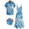 Vacation Couple Outfit Octopus Marine Life Pattern Pocket Spaghetti Strap Long Tank Dress and Button Up Shirt Beach Matching Outfit - Bleu Ciel S | US 4
