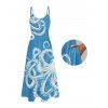 Vacation Couple Outfit Octopus Marine Life Pattern Pocket Spaghetti Strap Long Tank Dress and Button Up Shirt Beach Matching Outfit - Bleu Ciel S | US 4