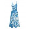 Vacation Couple Outfit Octopus Marine Life Pattern Pocket Spaghetti Strap Long Tank Dress and Button Up Shirt Beach Matching Outfit - Bleu Ciel S | US 4