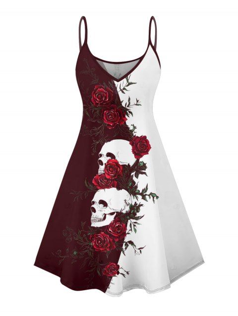 Robe gothique monochrome à motif de crânes de roses, bretelles spaghetti, col en V, coupe trapèze, mini-robe débardeur de vacances