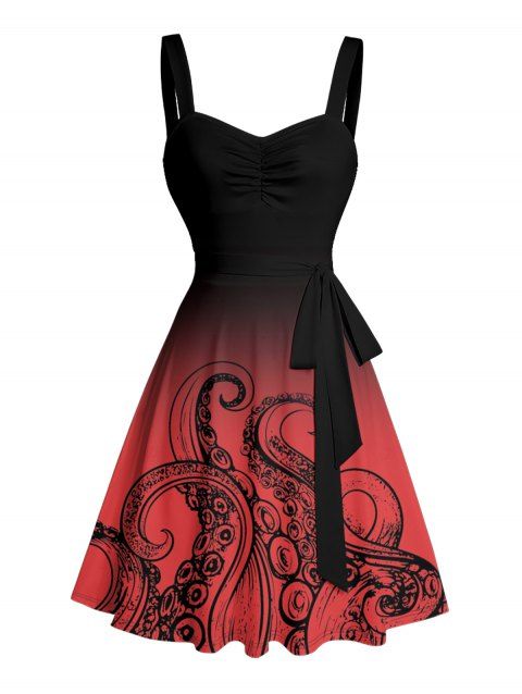 Robe de plage courte à col en cœur et ceinture froncée à motif pieuvre ombré