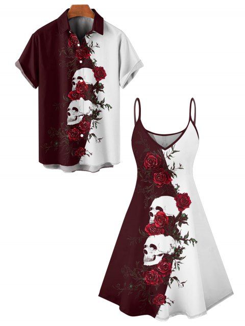 Gothic Couple Outfit Monochrome Rose Skulls Pattern Spaghetti Strap Tank Dress and Button Up Shirt Holiday Matching Outfit