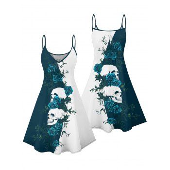 Monochrome Rose Skulls Pattern Gothic Dress Spaghetti Strap V Neck A Line Mini Holiday Tank Dress