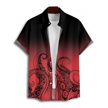 Men's Ombre Octopus Pattern Vacation Shirt Button Up Roll Up Short Sleeve Beach Shirt