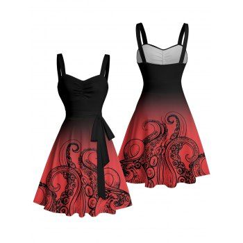 Ombre Octopus Pattern Ruched Bust Belt Vacation Dress Sweetheart Neck A Line Mini Beach Dress
