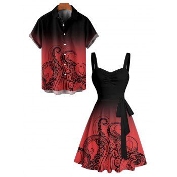 Vacation Couple Outfit Ombre Octopus Pattern Ruched Bust Belt Sweetheart Neck Dress and Button Up Shirt Beach Matching Outfit