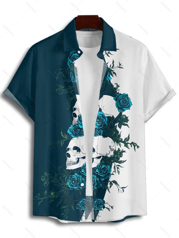 Chemise gothique monochrome à manches courtes et boutons pour homme, motif tête de mort et roses, style vacances - Bleu profond 2XL