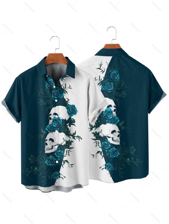 Chemise gothique monochrome à manches courtes et boutons pour homme, motif tête de mort et roses, style vacances - Bleu profond 2XL